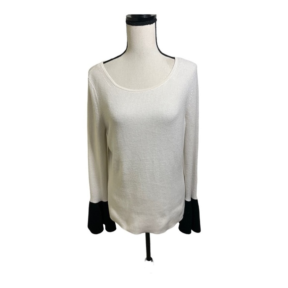 Ramy Brook womens  francette ribbed bell sleeves sweater. White black. Large - Picture 2 of 12